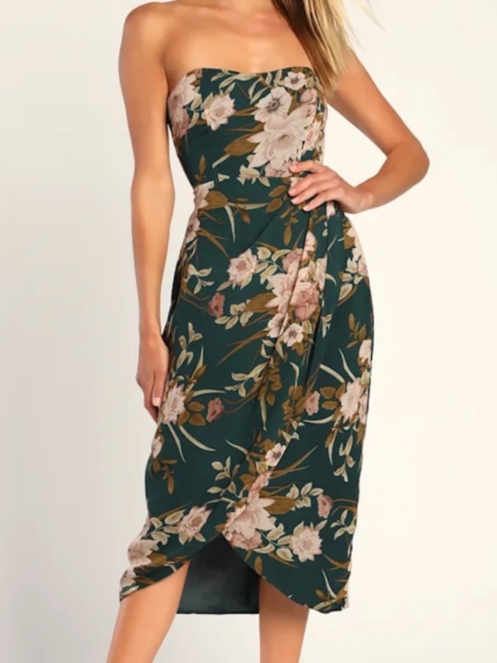 Lulu's Strapless Teal Floral Midi Dress